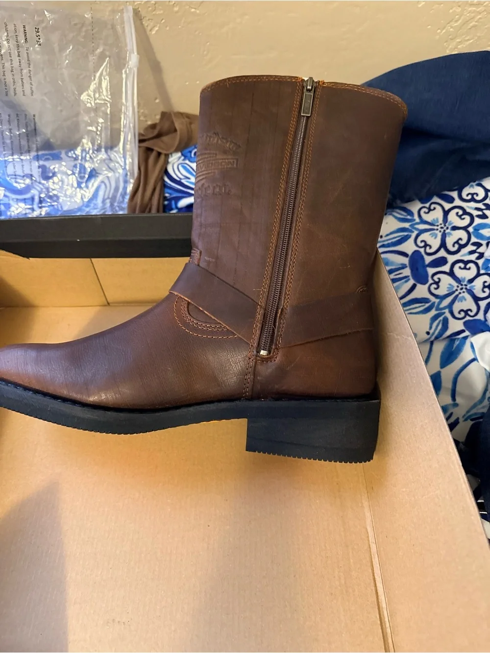 Harley-Davidson Brown Leather Harness Boots with Black Sole and Orange Accents